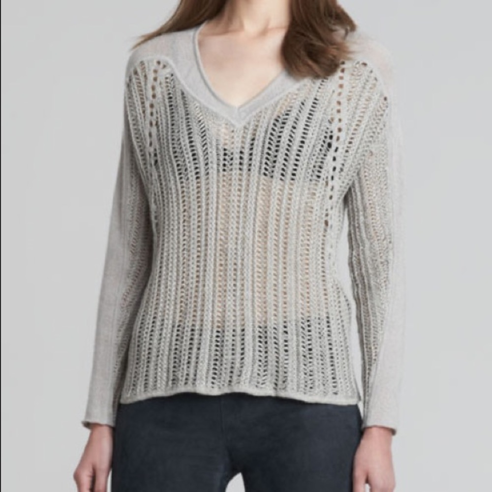 Helmut Lang Light Gray Open-Knit V-Neck Sweater